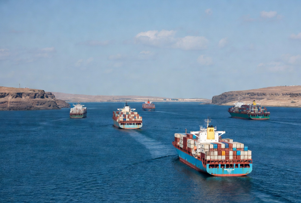 Container ships navigating the Bab al-Mandeb Strait, a vital artery for Africa's imports and exports