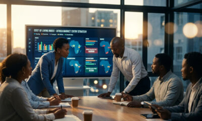 African Executive team in boardroom analyzing Africa market entry strategy with Cost of Living Index dashboard