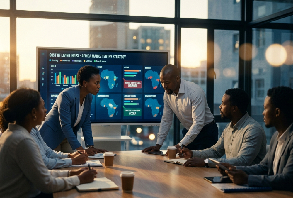 African Executive team in boardroom analyzing Africa market entry strategy with Cost of Living Index dashboard