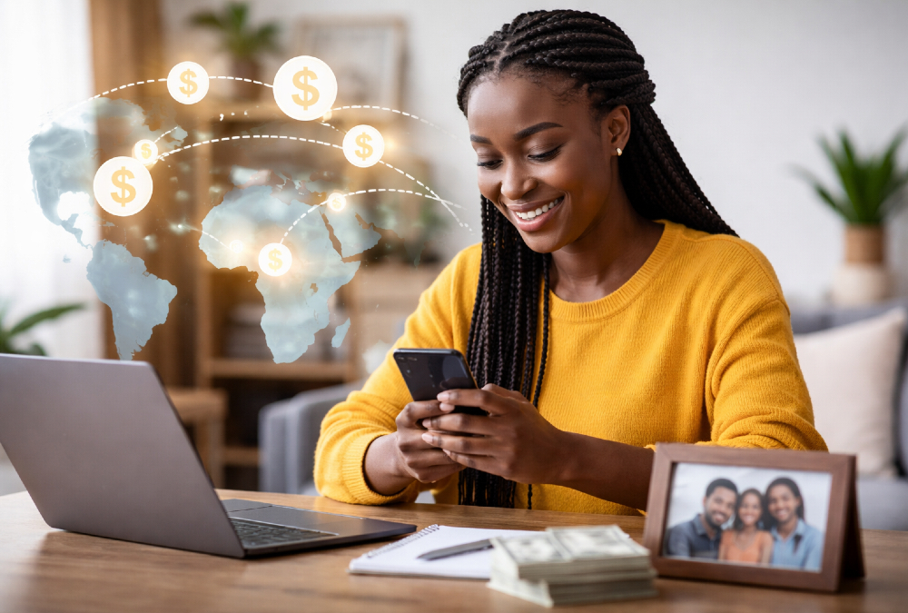 African diaspora professional sending mobile remittance transfer to family back home in Africa