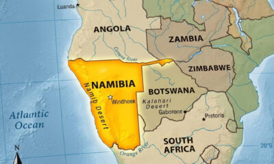 Namibia highlighted on Africa map showing its large land area relative to neighboring countries