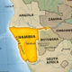 Namibia highlighted on Africa map showing its large land area relative to neighboring countries