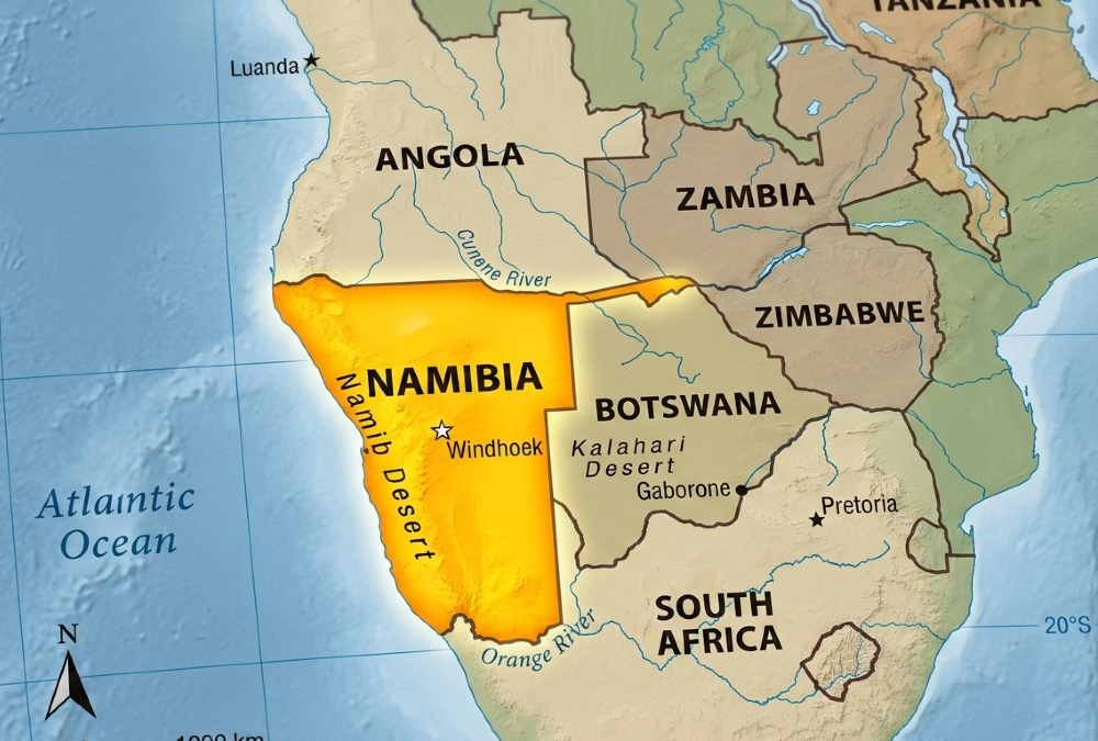 Namibia highlighted on Africa map showing its large land area relative to neighboring countries