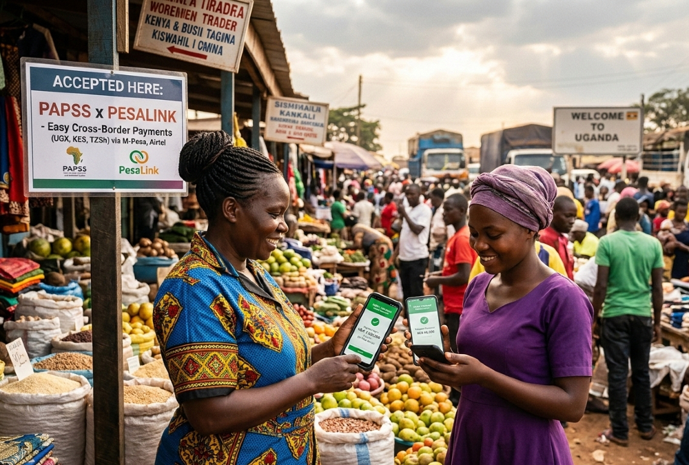 African woman trader using mobile payment for cross-border commerce via PAPSS-PesaLink integration