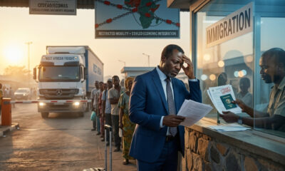 Illustration of African businessman facing visa barriers while traveling between African countries, highlighting the impact of restricted mobility on intra-African trade and economic integration.
