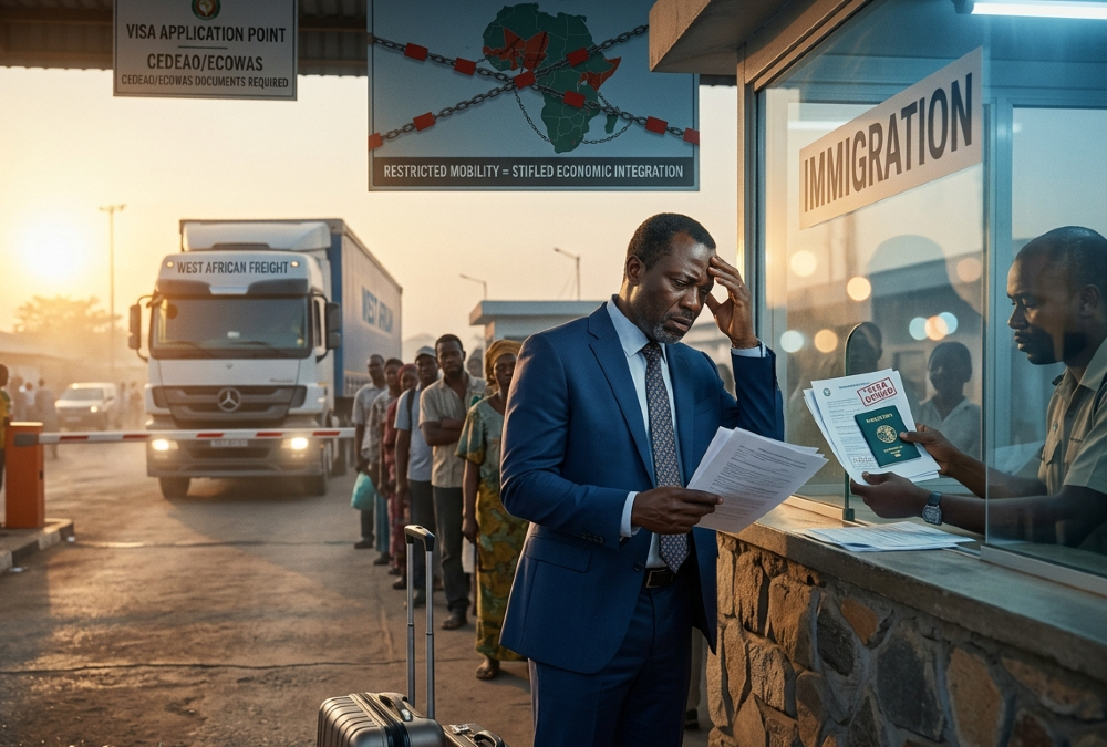 Illustration of African businessman facing visa barriers while traveling between African countries, highlighting the impact of restricted mobility on intra-African trade and economic integration.