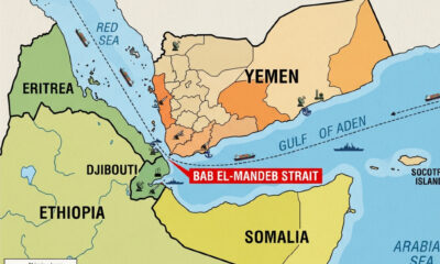 Map highlighting the Horn of Africa, the Bab el-Mandeb Strait, and Yemen, illustrating the strategic maritime corridor connecting the Red Sea and Gulf of Aden amid the Middle East crisis.
