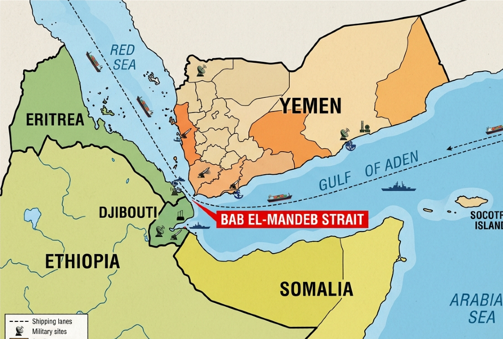 Map highlighting the Horn of Africa, the Bab el-Mandeb Strait, and Yemen, illustrating the strategic maritime corridor connecting the Red Sea and Gulf of Aden amid the Middle East crisis.