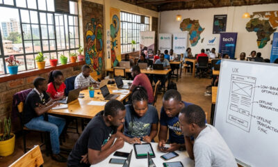 Vibrant co-working space in Nairobi showcasing African tech startups developing mobile-first fintech solutions for low-bandwidth environments