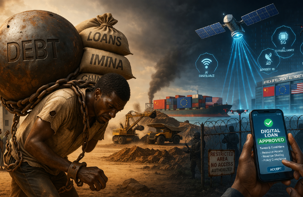 Illustration of Africa navigating modern economic dependency through debt, infrastructure, and digital control