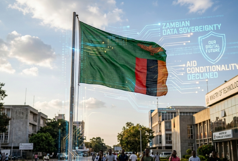 Please generate a realistic image of dimensions 1536 by 1024 from the following theme: Zambian flag with digital data streams symbolizing data sovereignty and refusal of US aid conditions.