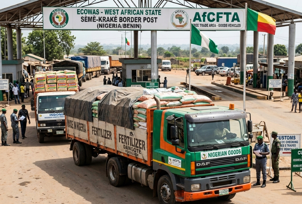 Cargo trucks transporting Nigerian non-oil exports across West African trade corridors, highlighting regional economic growth and export diversification in 2025.