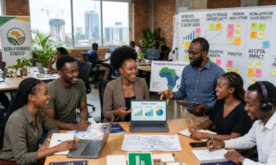 Illustration of Africa’s demographic trajectory, agricultural potential, trade, African entrepreneurs collaborating at startups