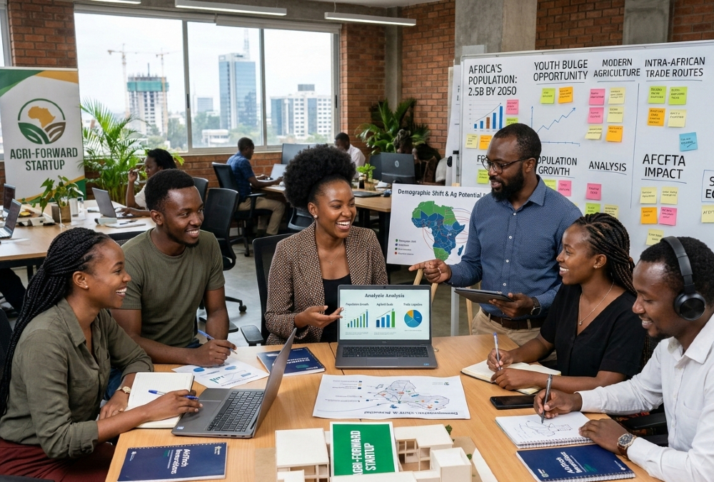 Illustration of Africa’s demographic trajectory, agricultural potential, trade, African entrepreneurs collaborating at startups