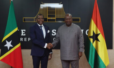 Prime Minister Terrance Drew of St. Kitts & Nevis meets Ghana President John Dramani Mahama to sign bilateral agreements on visa-free travel, labor, and diplomatic cooperation.