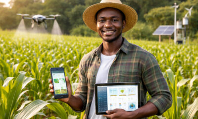 Young African farmer using AI-powered tools for precision agriculture to improve yields and support sustainable rural livelihoods.