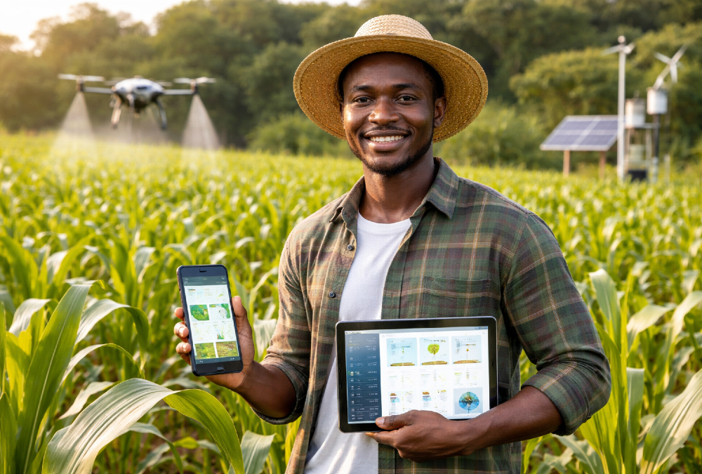 Young African farmer using AI-powered tools for precision agriculture to improve yields and support sustainable rural livelihoods.