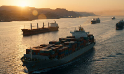 Cargo ships navigating the Red Sea near the Horn of Africa, a critical but vulnerable shipping corridor