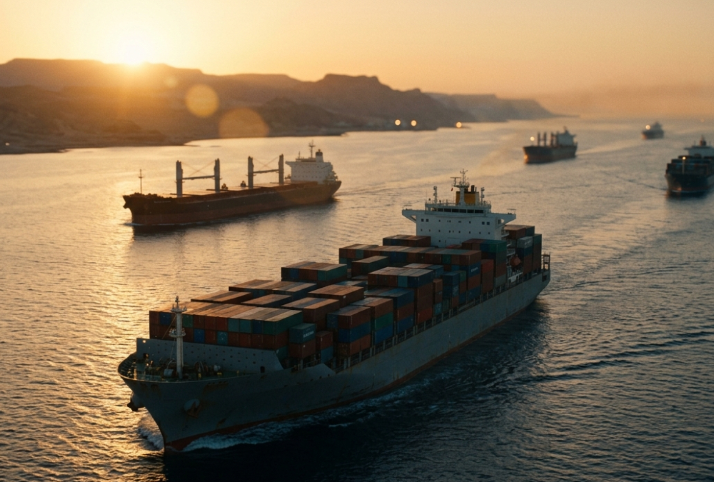 Cargo ships navigating the Red Sea near the Horn of Africa, a critical but vulnerable shipping corridor