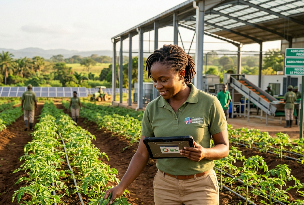 Modern agricultural farming in Africa or Caribbean representing transatlantic investment opportunities in agro-processing and food production
