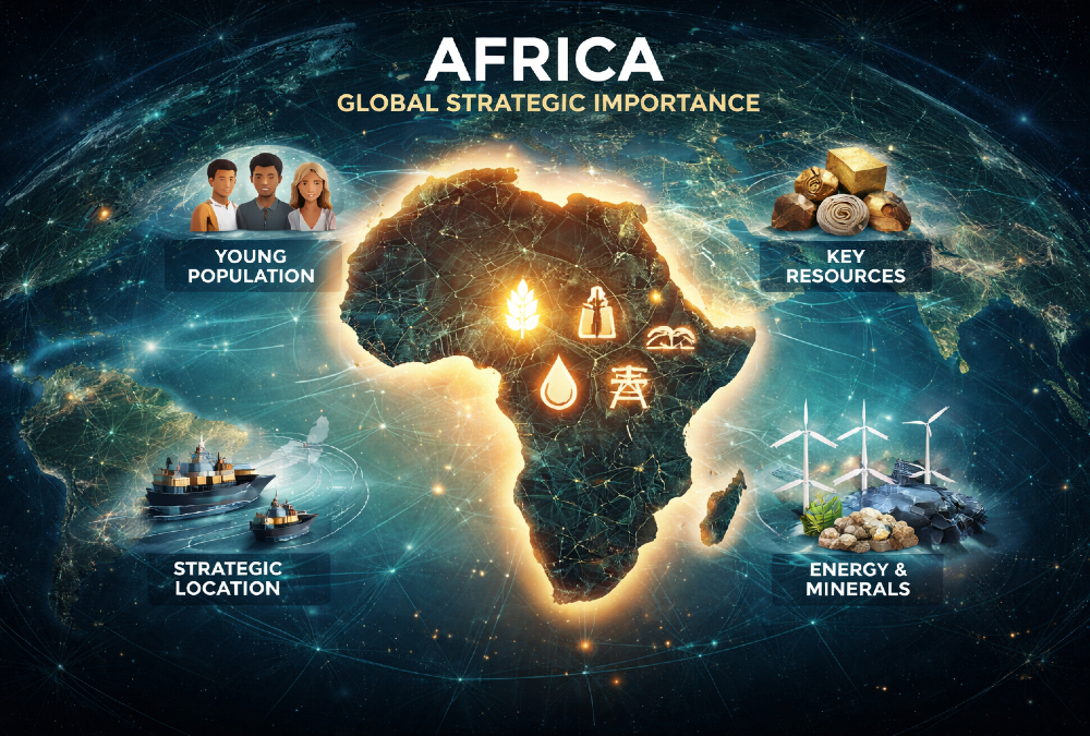 Map of Africa highlighting its strategic location, youthful population, and key resources that drive global relevance in a multipolar world.