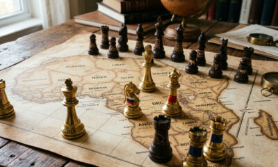 A strategic map of Africa with competing global power symbols representing the new scramble for African resources, influence, and partnerships in the multipolar world.