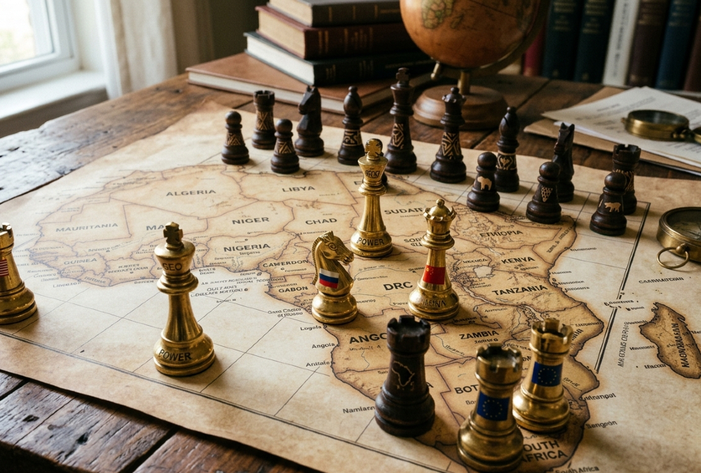 A strategic map of Africa with competing global power symbols representing the new scramble for African resources, influence, and partnerships in the multipolar world.