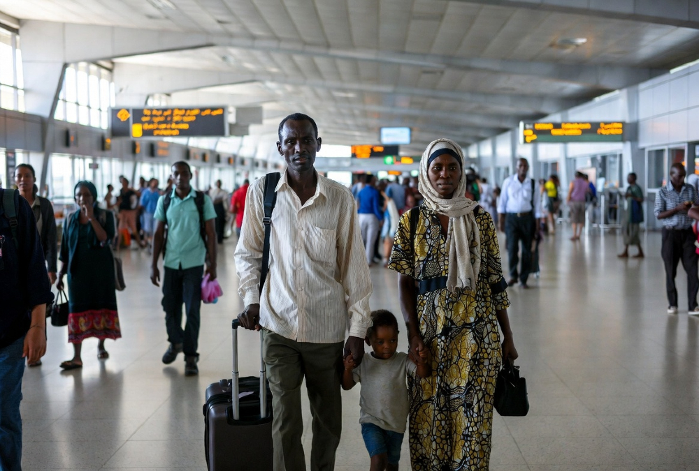 African immigrant family at an African airport, illustrating the fact that Most African migration is intra-African