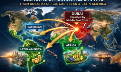 Global map showing Dubai impacted by Middle East crisis with arrows indicating economic opportunities shifting to Africa, the Caribbean, and Latin America.