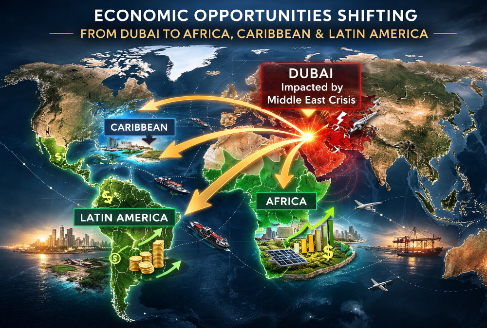 Global map showing Dubai impacted by Middle East crisis with arrows indicating economic opportunities shifting to Africa, the Caribbean, and Latin America.