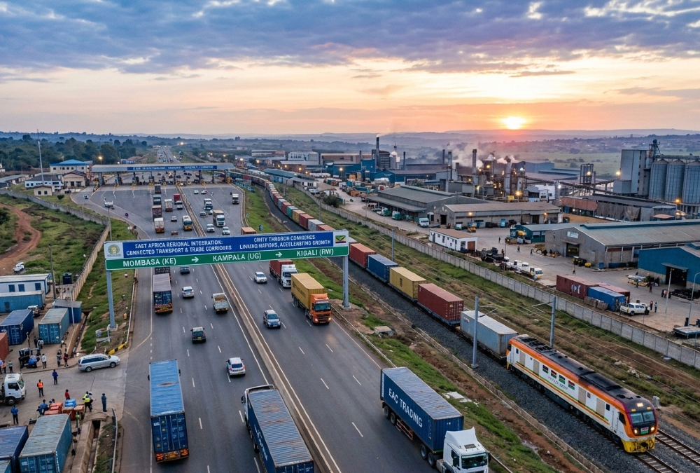African economic integration concept: interconnected transport and trade corridors linking multiple countries, symbolizing corridor-based industrialization over isolated national strategies.