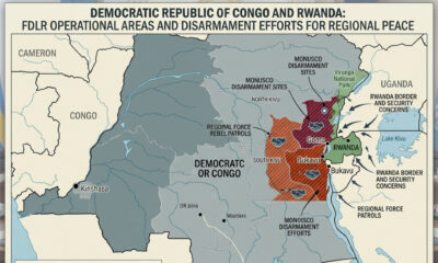 Map of DR Congo and Rwanda highlighting FDLR rebel areas and ongoing disarmament efforts for Great Lakes peace.