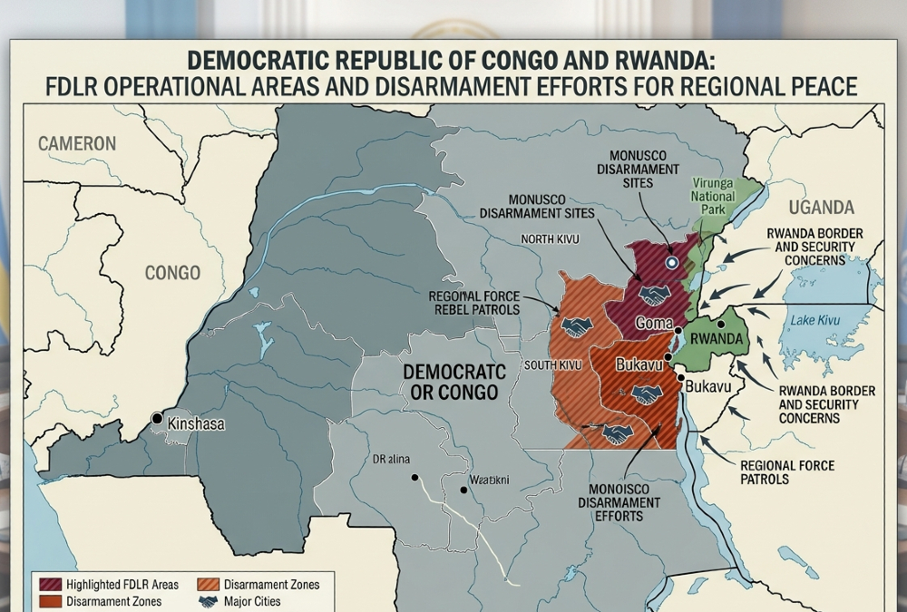 Map of DR Congo and Rwanda highlighting FDLR rebel areas and ongoing disarmament efforts for Great Lakes peace.