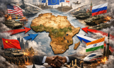 African continent map surrounded by converging global powers symbolizing strategic autonomy and non-alignment in a multipolar world