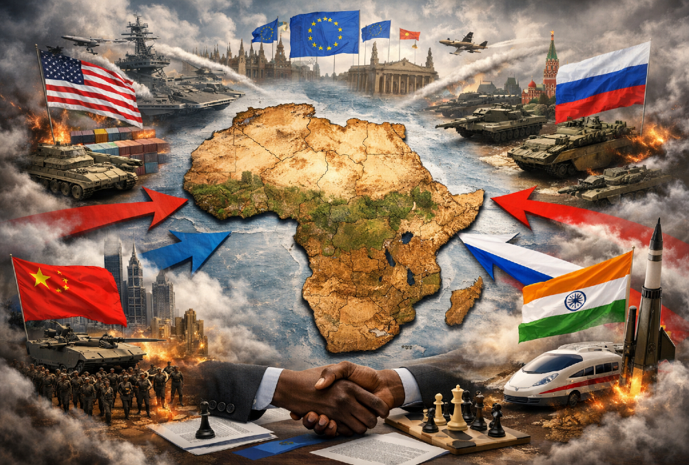 African continent map surrounded by converging global powers symbolizing strategic autonomy and non-alignment in a multipolar world