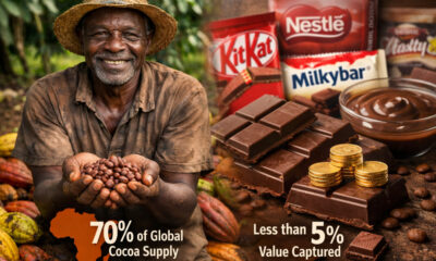 West African cocoa farmer holding beans with chocolate bar overlay, illustrating Africa's 70% global cocoa supply versus minimal value capture as brands like Nestlé reformulate products
