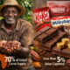 West African cocoa farmer holding beans with chocolate bar overlay, illustrating Africa's 70% global cocoa supply versus minimal value capture as brands like Nestlé reformulate products