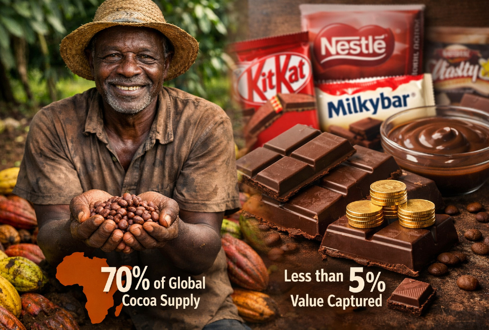 West African cocoa farmer holding beans with chocolate bar overlay, illustrating Africa's 70% global cocoa supply versus minimal value capture as brands like Nestlé reformulate products