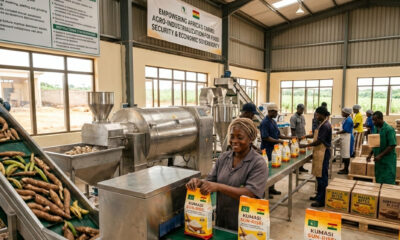 African agro-processing facility transforming local crops into packaged food products, symbolizing agro-industrialization, food security, and economic sovereignty in Africa