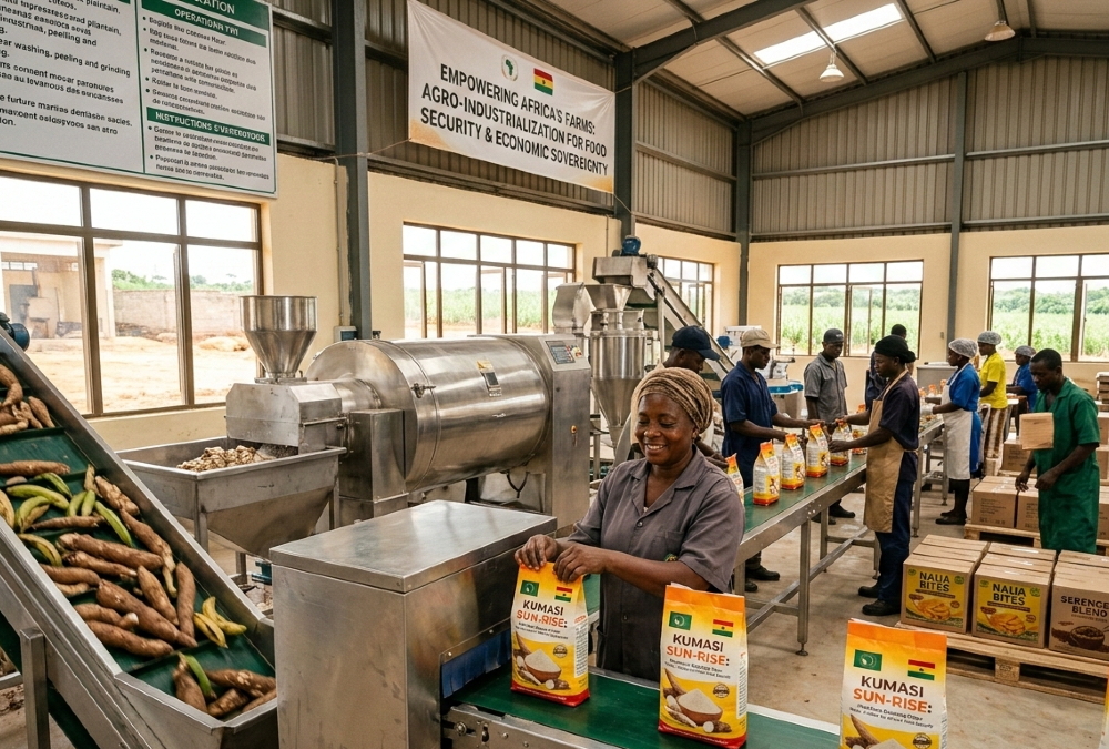 African agro-processing facility transforming local crops into packaged food products, symbolizing agro-industrialization, food security, and economic sovereignty in Africa