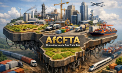 Please generate a realistic image of dimensions 1536 by 1024 from the following theme: Illustration of the African Continental Free Trade Area (AfCFTA) as a foundation platform with complementary industrial sectors being built on top.