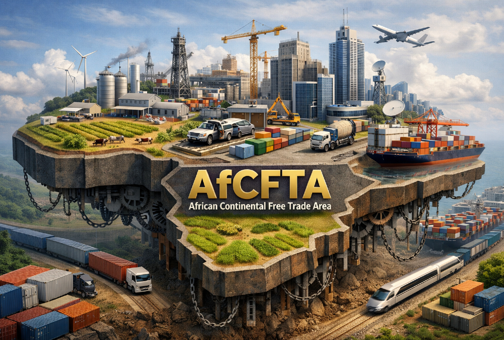Please generate a realistic image of dimensions 1536 by 1024 from the following theme: Illustration of the African Continental Free Trade Area (AfCFTA) as a foundation platform with complementary industrial sectors being built on top.