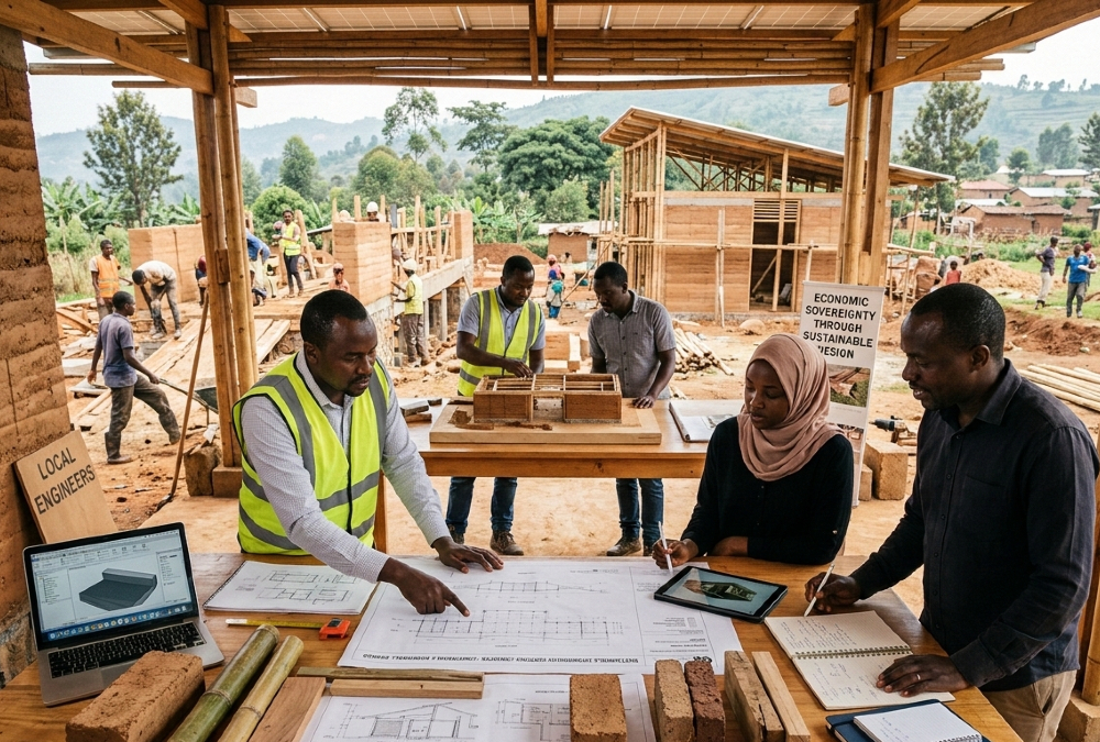African engineers designing sustainable infrastructure using local materials to drive economic sovereignty and productivity