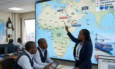 Map of Africa and the Middle East highlighting key maritime routes such as the Suez Canal, Strait of Hormuz, and Red Sea shipping lanes amid geopolitical tensions affecting Africa’s economy and trade.