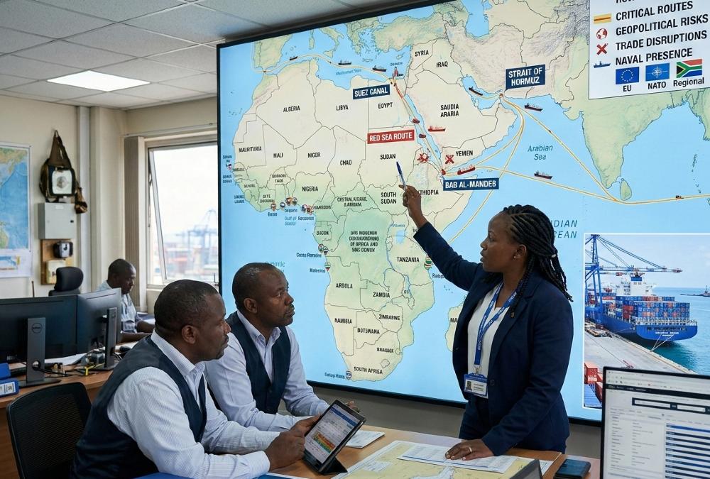 Map of Africa and the Middle East highlighting key maritime routes such as the Suez Canal, Strait of Hormuz, and Red Sea shipping lanes amid geopolitical tensions affecting Africa’s economy and trade.