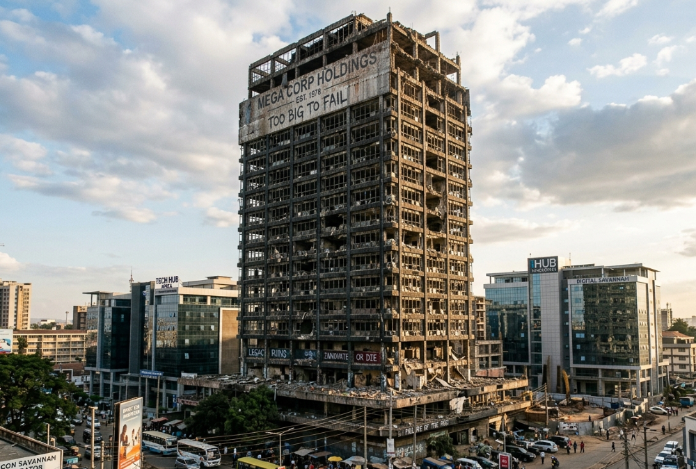 Crumbling corporate skyscraper symbolizing the decline of 'too big to fail' legacy institutions in a modern innovation-driven economy