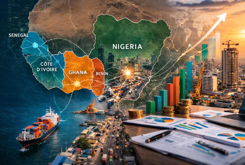 Map of West Africa highlighting Nigeria, Ghana, Côte d’Ivoire, Senegal, and Benin, illustrating regional economic growth and market diversification.