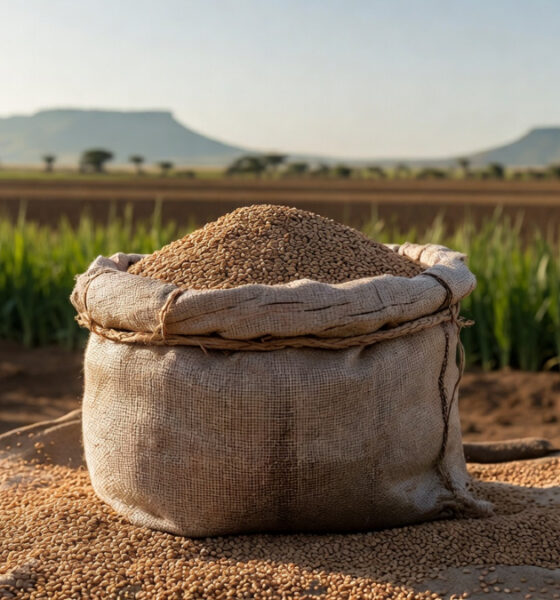 African sesame seeds in a market sack with Sub-Saharan farming fields in the background, representing Africa's role in the global sesame processing value chain