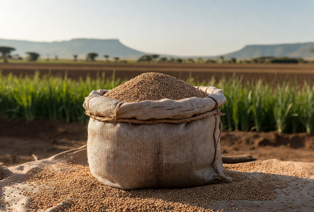 African sesame seeds in a market sack with Sub-Saharan farming fields in the background, representing Africa's role in the global sesame processing value chain