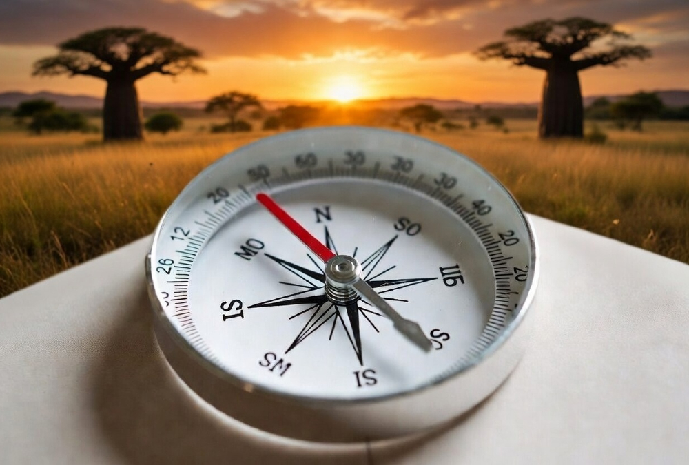 A compass pointing away from multiple paths toward a single, focused direction, symbolizing strategic discipline in African business.